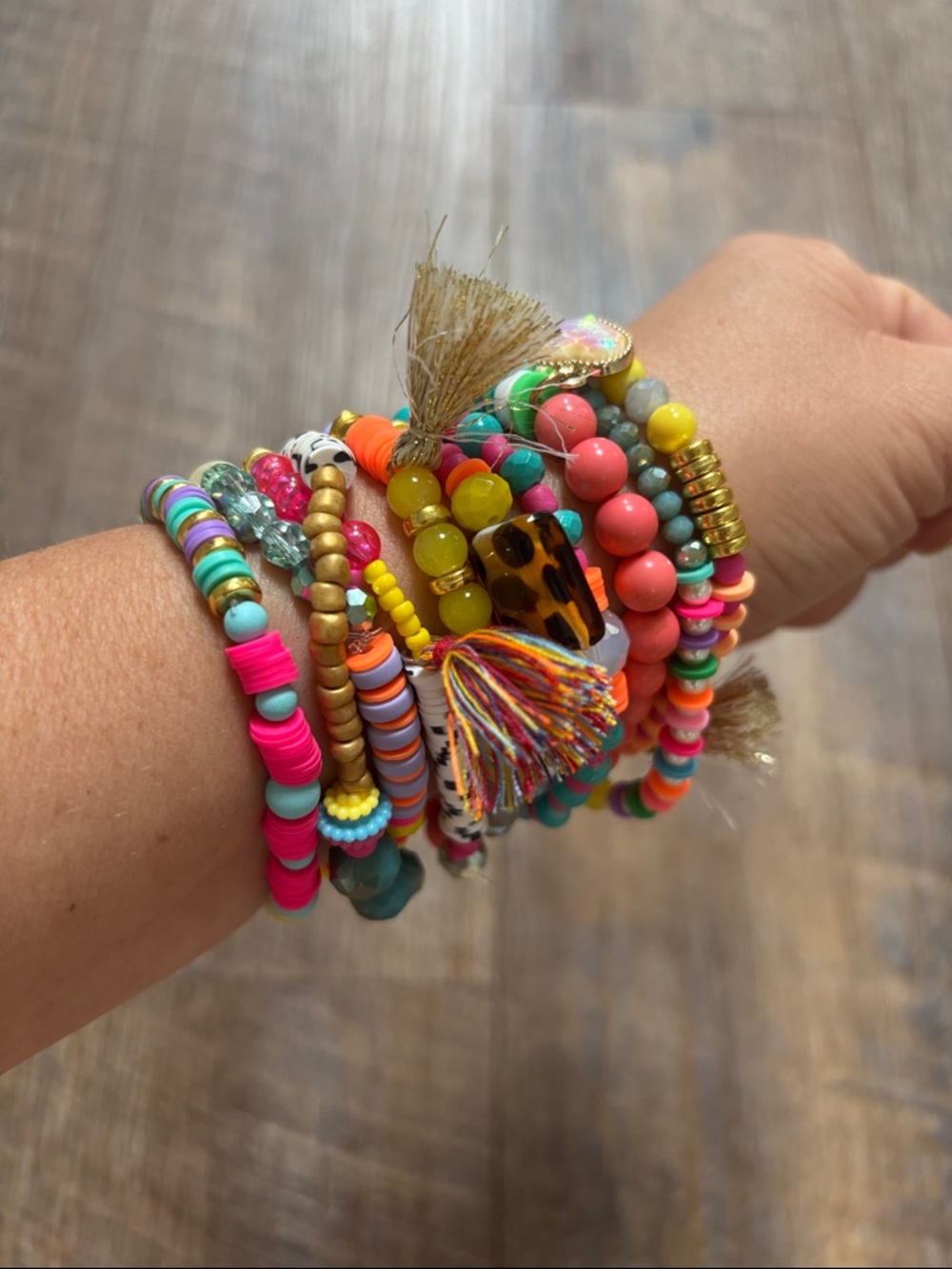 Fun and Flirty Colorful Beaded Stack Bracelet Set of Ten with Tassels - Picture 3 of 9